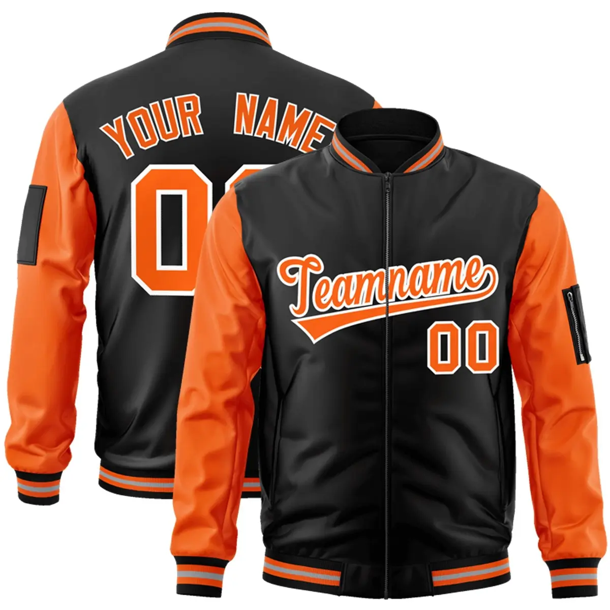 Black Orange-White Raglan Full-Zip Varsity Letterman Bomber Jacket