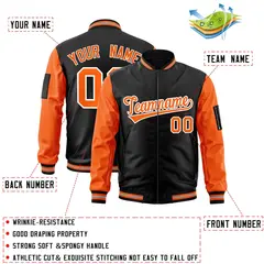 Black Orange-White Raglan Full-Zip Varsity Letterman Bomber Jacket 2