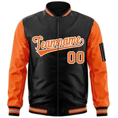 Black Orange-White Raglan Full-Zip Varsity Letterman Bomber Jacket 3