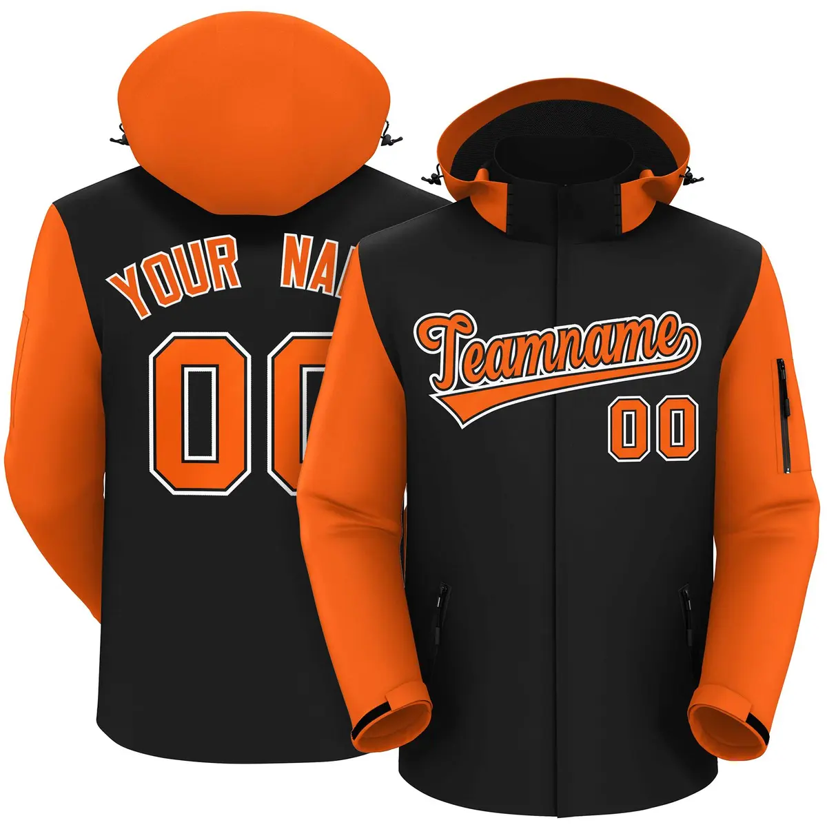 Black Orange-White Raglan Sleeves Waterproof Jacket