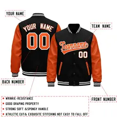 Black Orange White Raglan Varsity Full-Snap Leather Sleeves Letterman Jacket 2