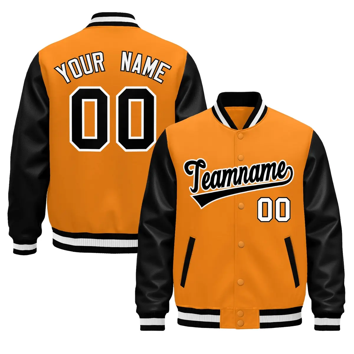 Black Orange White Raglan Varsity Full-Snap Leather Sleeves Letterman Jacket