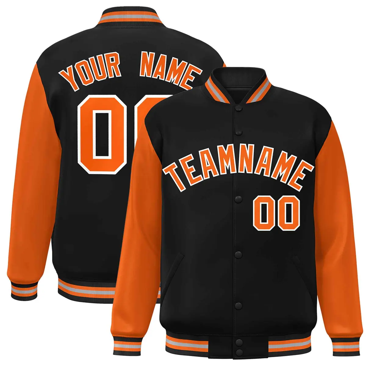 Black Orange White Raglan Varsity Full-Snap Letterman Jacket