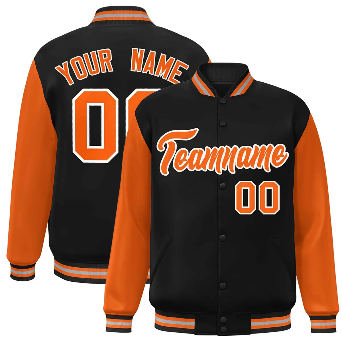 Black Orange White Raglan Varsity Full-Snap Letterman Jacket