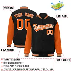 Black Orange White Raglan Varsity Full-Snap Letterman Jacket 2