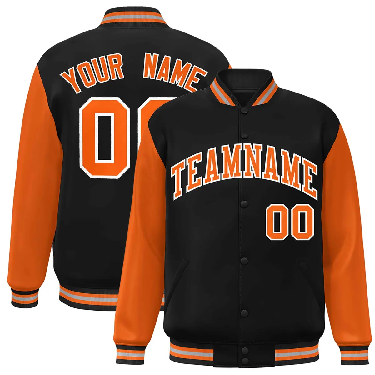 Black Orange White Raglan Varsity Full-Snap Letterman Jacket