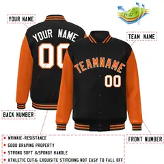Black Orange White Raglan Varsity Full-Snap Letterman Jacket 2