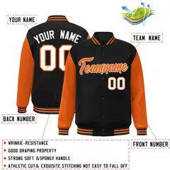 Black Orange White Raglan Varsity Full-Snap Letterman Jacket 2