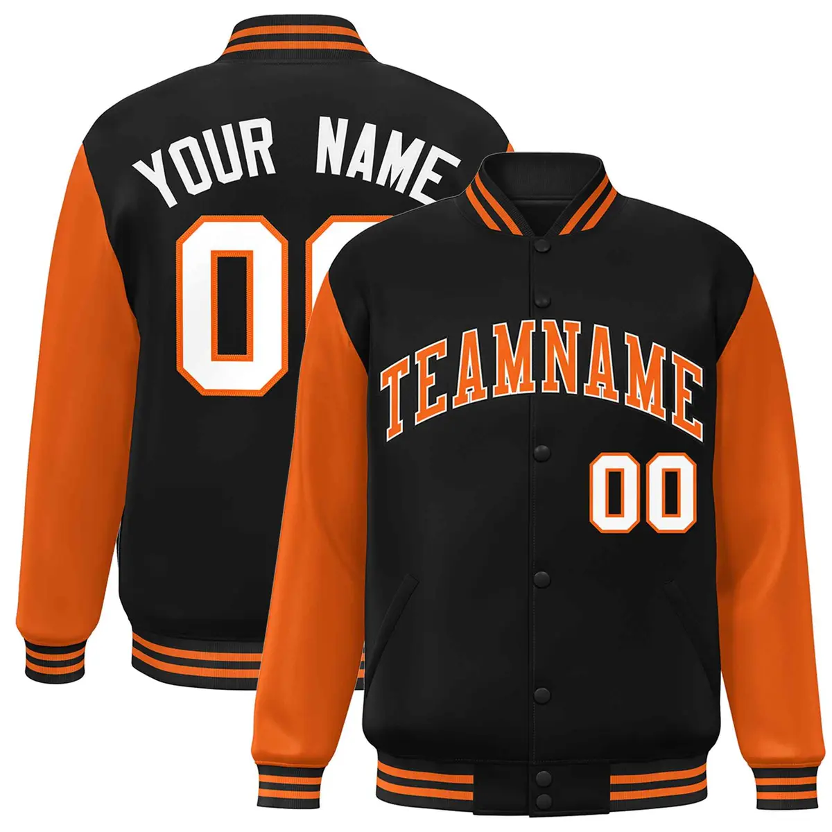 Black Orange White Raglan Varsity Full-Snap Letterman Jacket