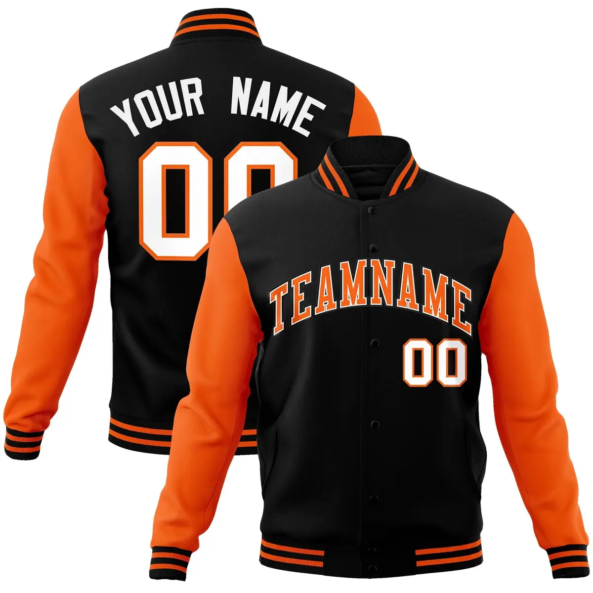 Black Orange White Raglan Varsity Full-Snap Letterman Jacket
