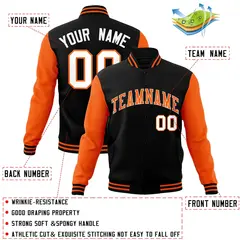 Black Orange White Raglan Varsity Full-Snap Letterman Jacket 4