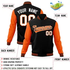 Black Orange White Raglan Varsity Full-Snap Letterman Jacket 4