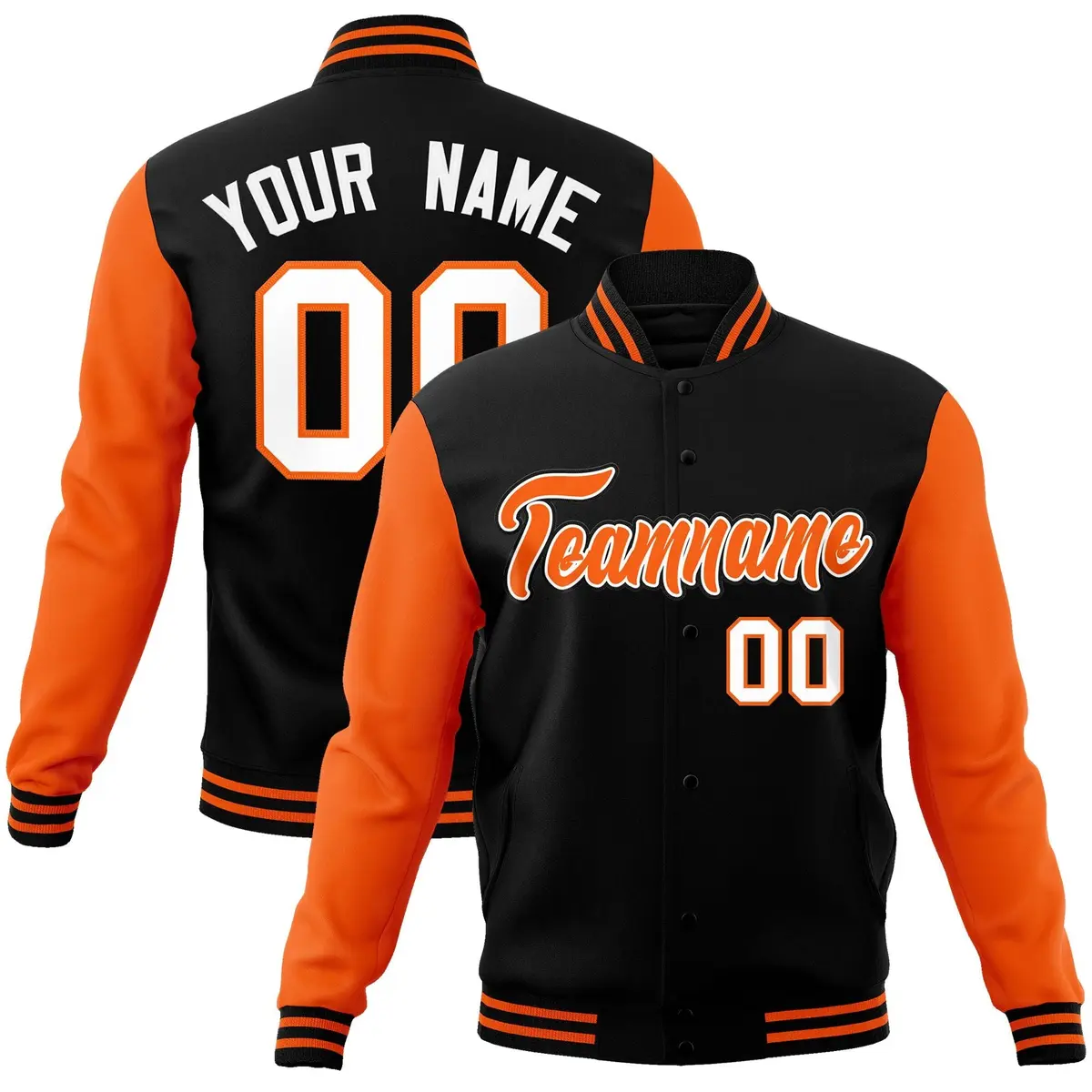 Black Orange White Raglan Varsity Full-Snap Letterman Jacket