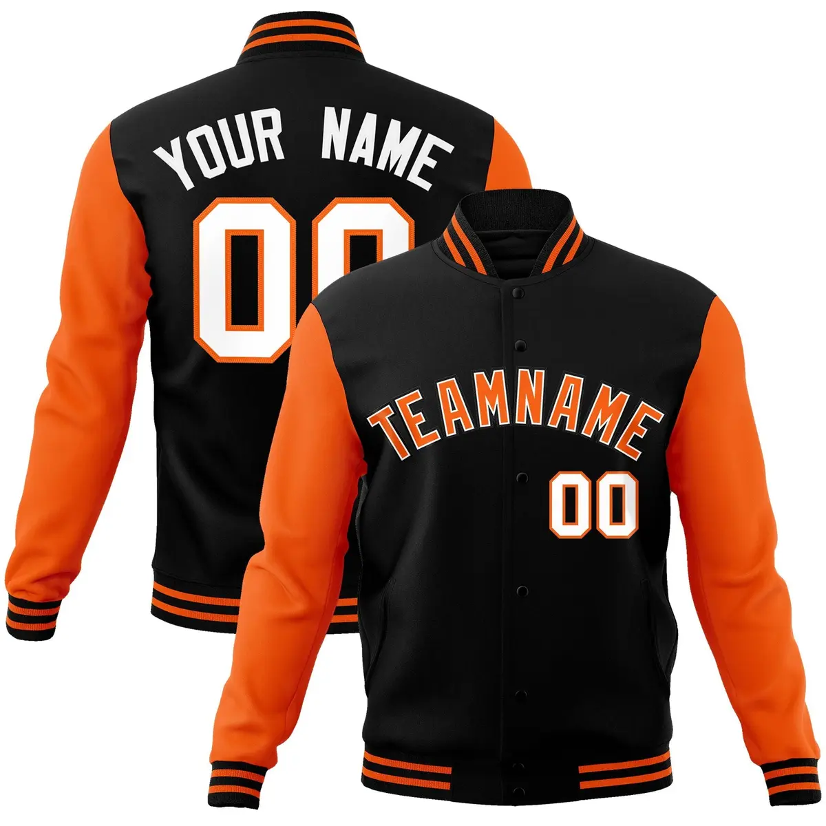 Black Orange White Raglan Varsity Full-Snap Letterman Jacket