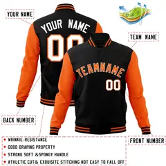 Black Orange White Raglan Varsity Full-Snap Letterman Jacket 4