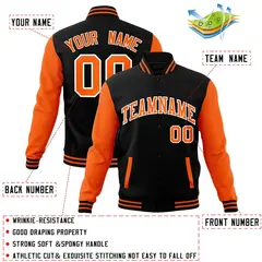 Black Orange White Raglan Varsity Full-Snap Letterman Jacket 4
