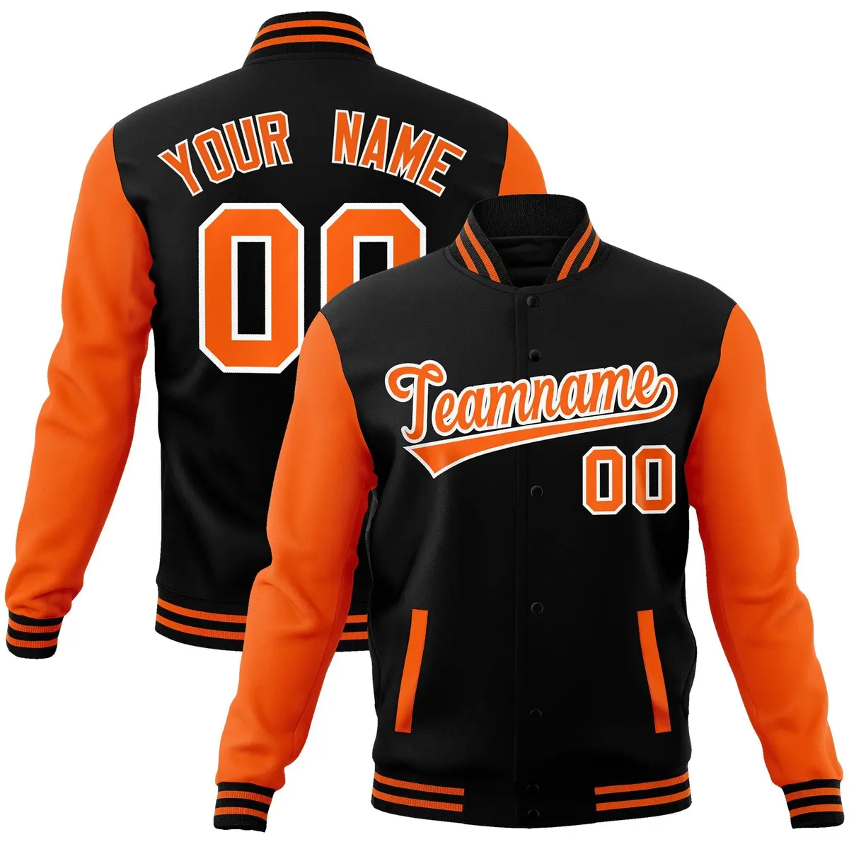 Black Orange White Raglan Varsity Full-Snap Letterman Jacket