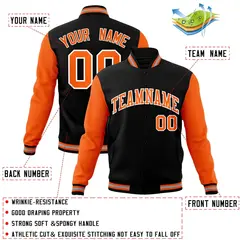Black Orange White Raglan Varsity Full-Snap Letterman Jacket 4