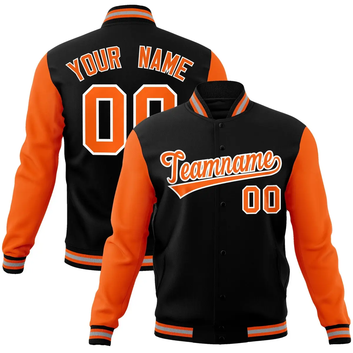 Black Orange White Raglan Varsity Full-Snap Letterman Jacket