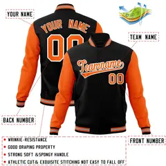 Black Orange White Raglan Varsity Full-Snap Letterman Jacket 4
