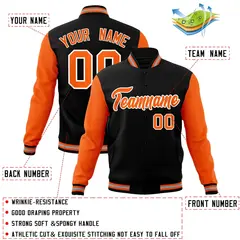 Black Orange White Raglan Varsity Full-Snap Letterman Jacket 4