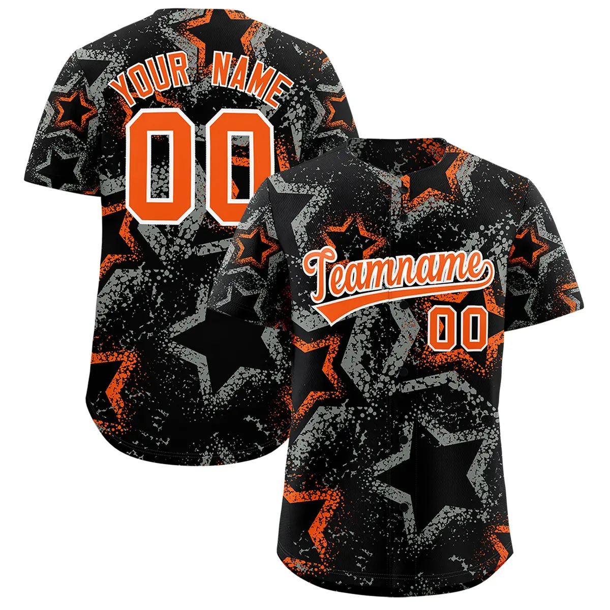 Black Orange White Star-Shaped Graffiti Ink Baseball Jersey