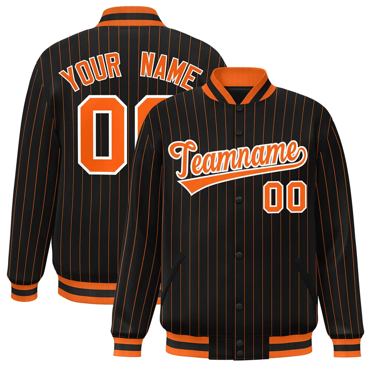 Black Orange-White Stripe Letterman Bomber Jacket