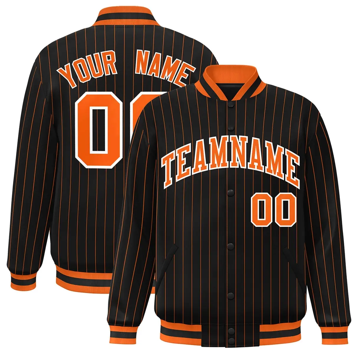 Black Orange-White Stripe Letterman Varsity Bomber Jacket