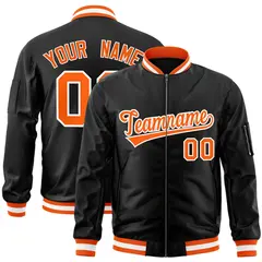 Black Orange-White Varsity Full-Zip Letterman Bomber Jacket