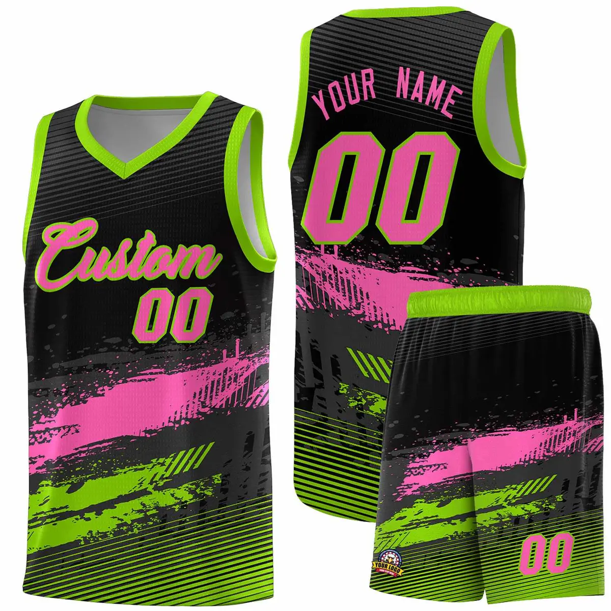 Black Pink and Neon Green Graffiti Pattern Basketball Jersey