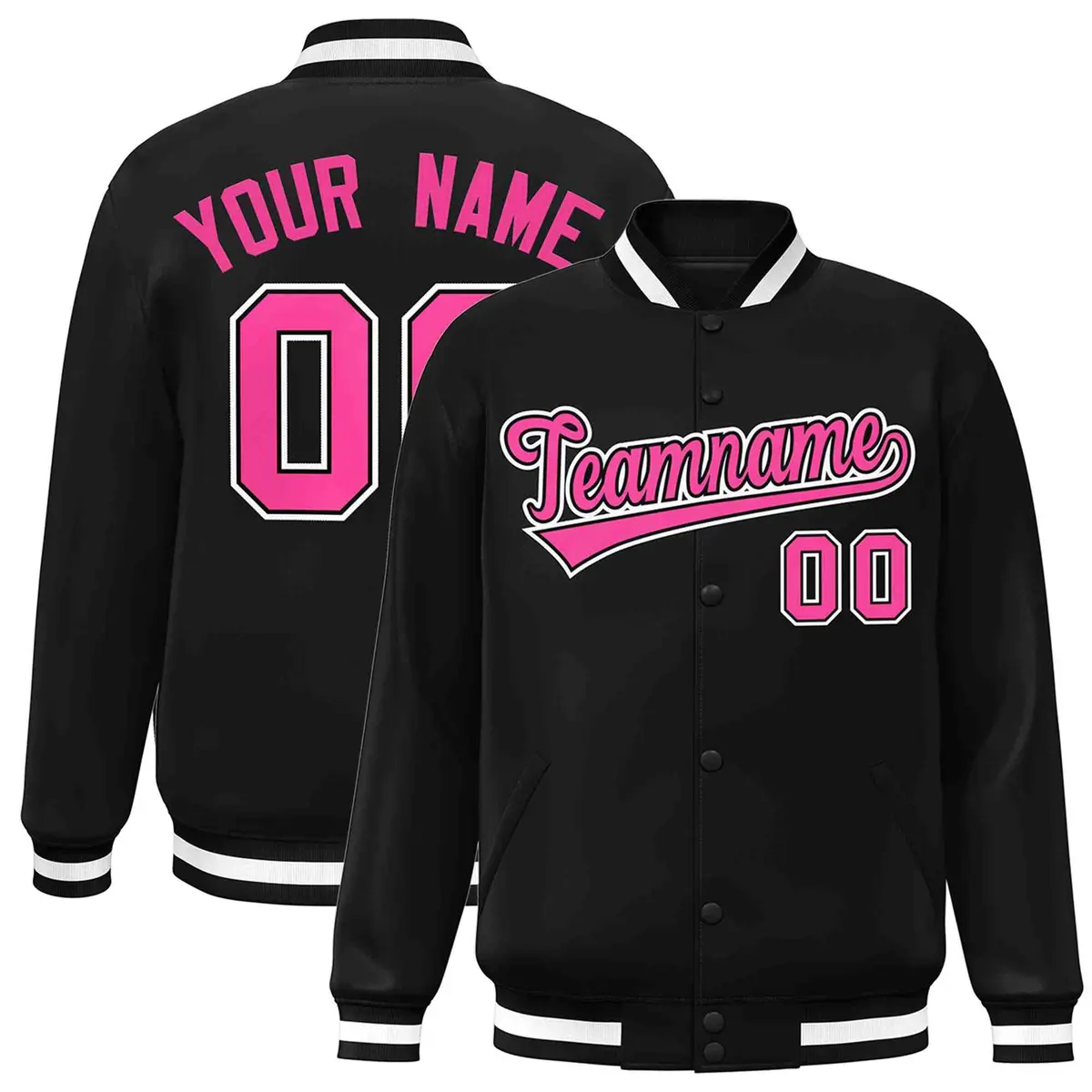 Black Pink-Black Classic Varsity Full-Snap Letterman Jacket