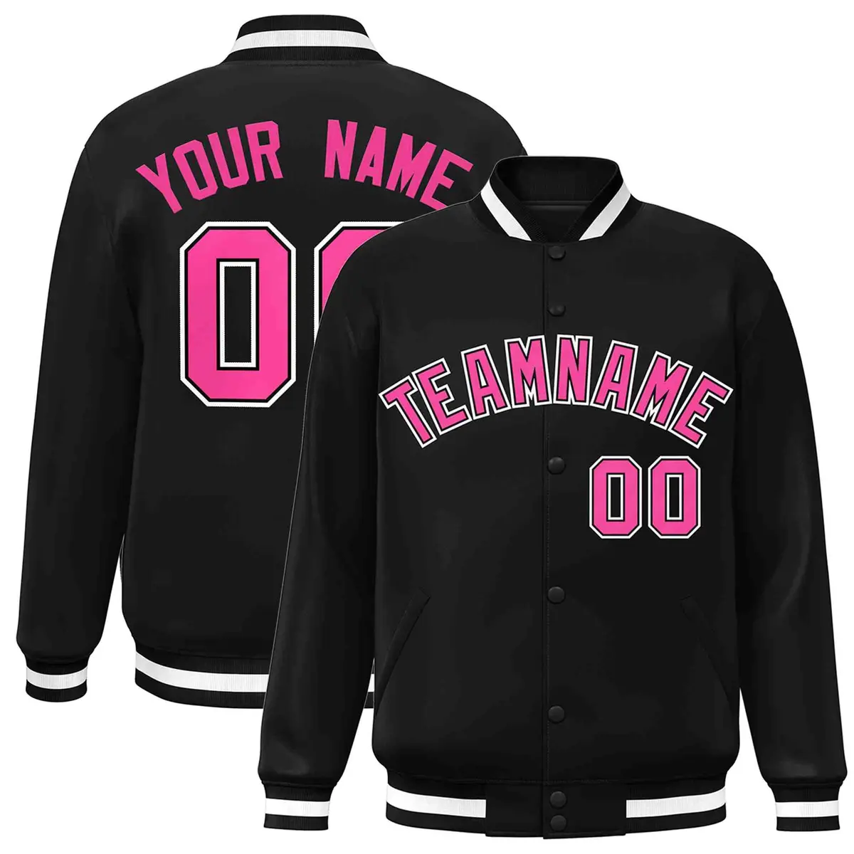 Black Pink-Black Classic Varsity Full-Snap Letterman Jacket