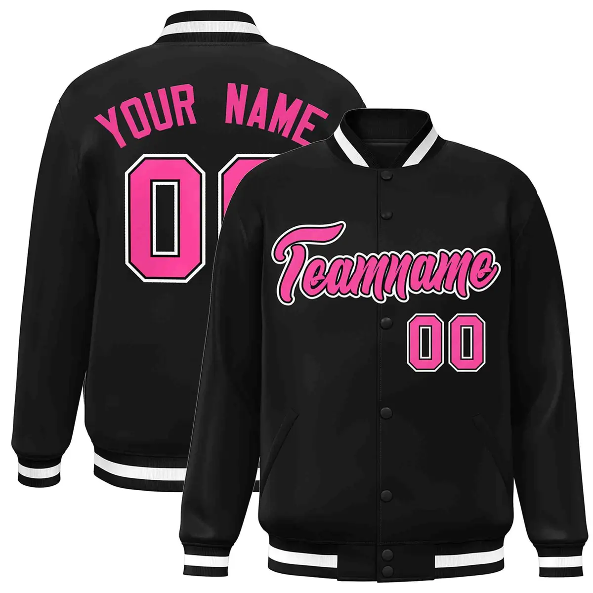 Black Pink-Black Classic Varsity Full-Snap Letterman Jacket
