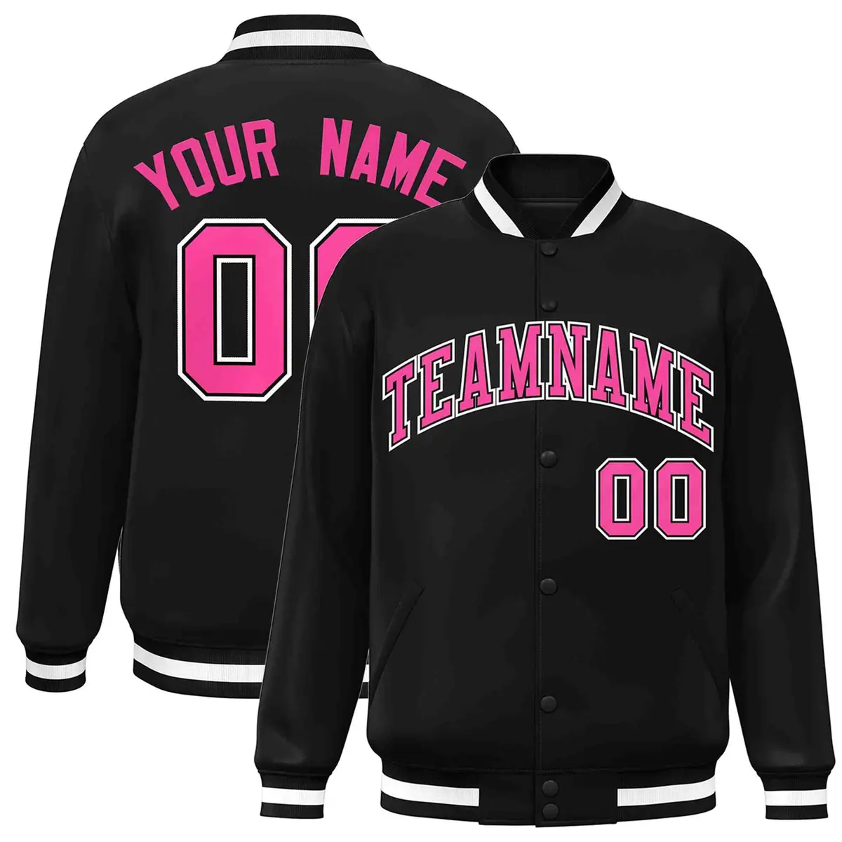 Black Pink-Black Classic Varsity Full-Snap Letterman Jacket