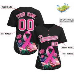 Women's Black Pink Breast Cancer Awareness Pink Ribbon Baseball Jersey 2