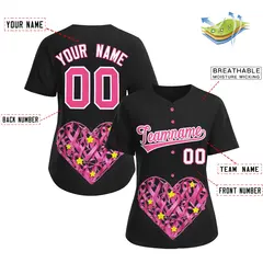 Women's Black Pink Breast Cancer Awareness Pink Ribbon Baseball Jersey 2