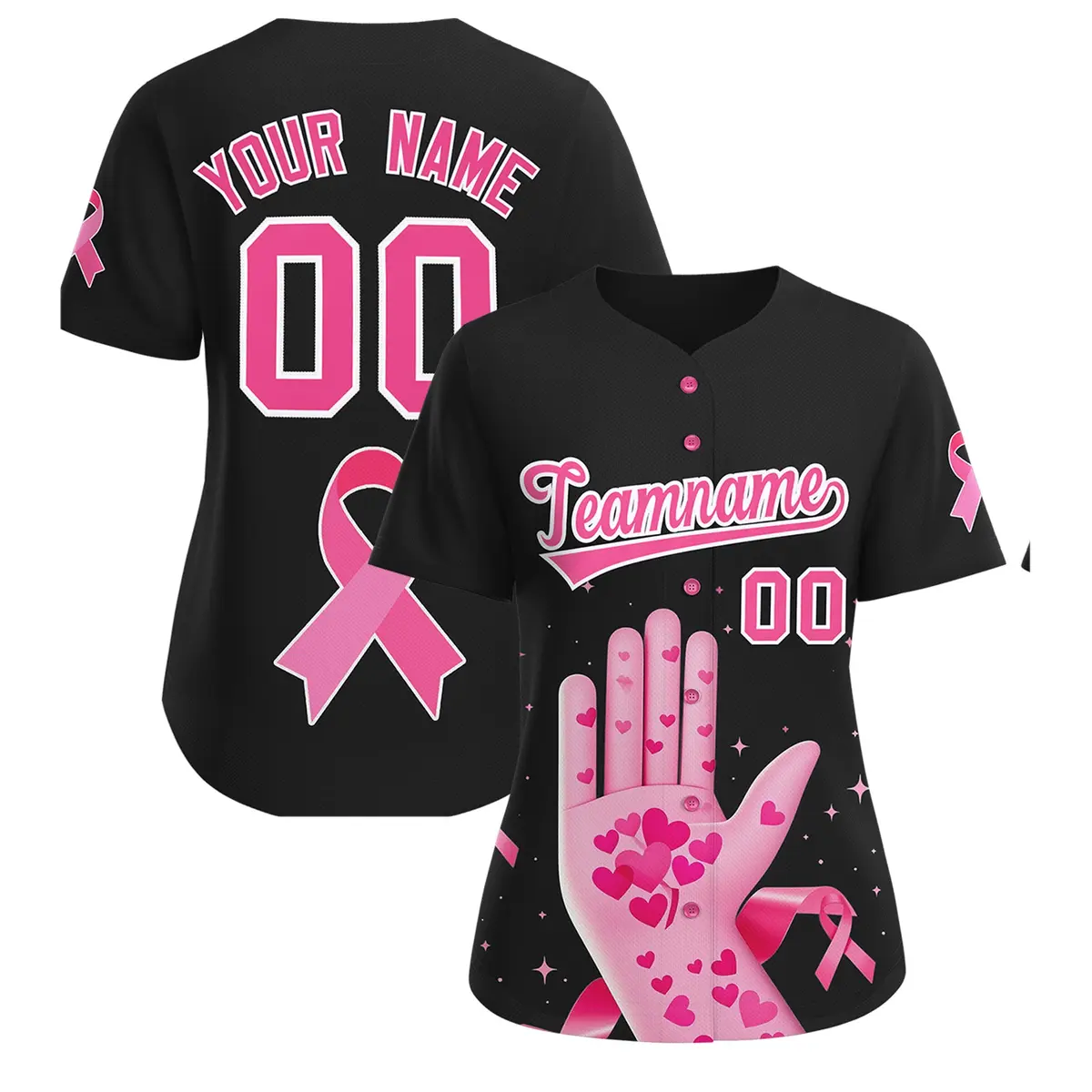 Women's Black Pink Breast Cancer Awareness Pink Ribbon Baseball Jersey