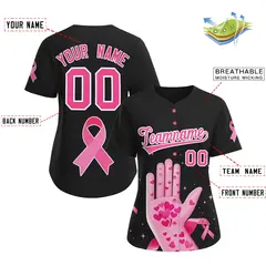 Women's Black Pink Breast Cancer Awareness Pink Ribbon Baseball Jersey 2