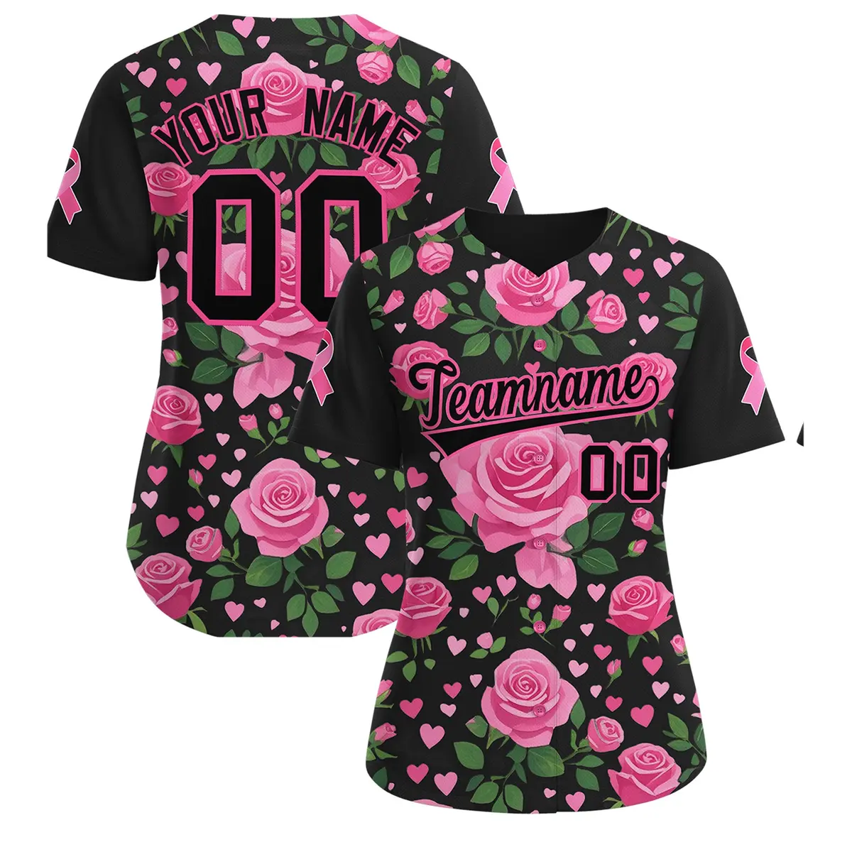 Women's Black Pink Breast Cancer Awareness Pink Ribbon Baseball Jersey