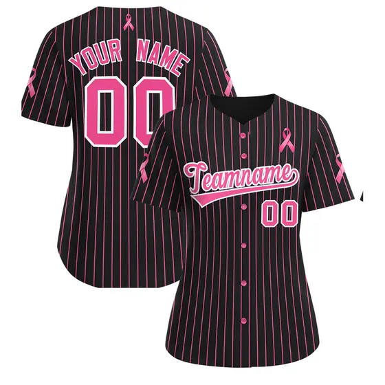 Women's Black Pink Breast Cancer Awareness Pink Ribbon Baseball Jersey