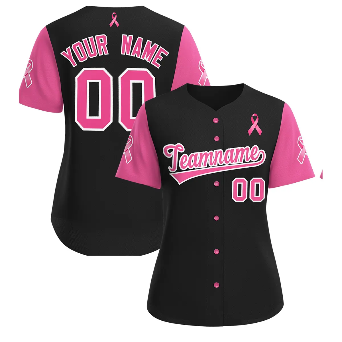 Women's Black Pink Breast Cancer Awareness Pink Ribbon Baseball Jersey