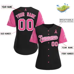 Women's Black Pink Breast Cancer Awareness Pink Ribbon Baseball Jersey 2