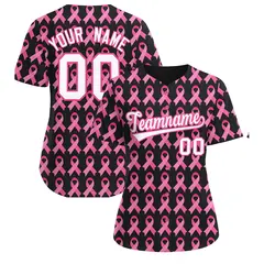 Women's Black Pink Breast Cancer Awareness Pink Ribbon Baseball Jersey 1