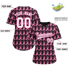 Women's Black Pink Breast Cancer Awareness Pink Ribbon Baseball Jersey 2