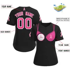 Women's Black Pink Breast Cancer Awareness Pink Ribbon Baseball Jersey 2