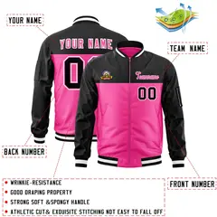 Black Pink Color Block Full-Zip Varsity Letterman Bomber Jacket 2