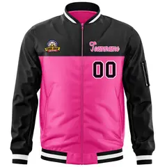 Black Pink Color Block Full-Zip Varsity Letterman Bomber Jacket 3