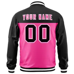 Black Pink Color Block Full-Zip Varsity Letterman Bomber Jacket 4