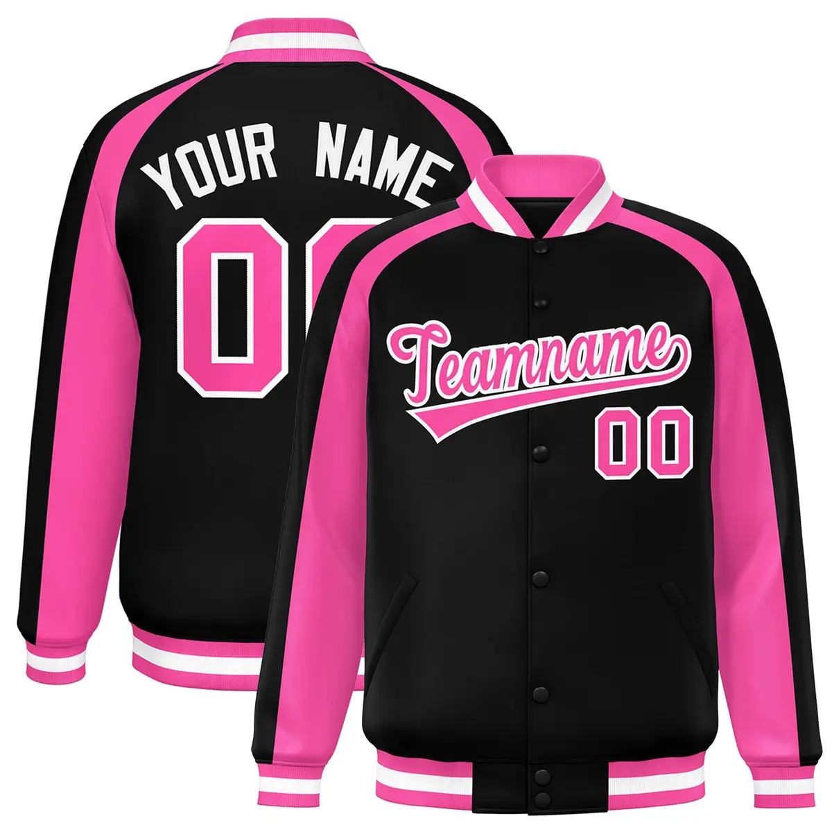Black Pink Color Block Raglan Varsity Full-Snap Letterman Jacket