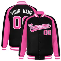 Black Pink Color Block Raglan Varsity Full-Snap Letterman Jacket
